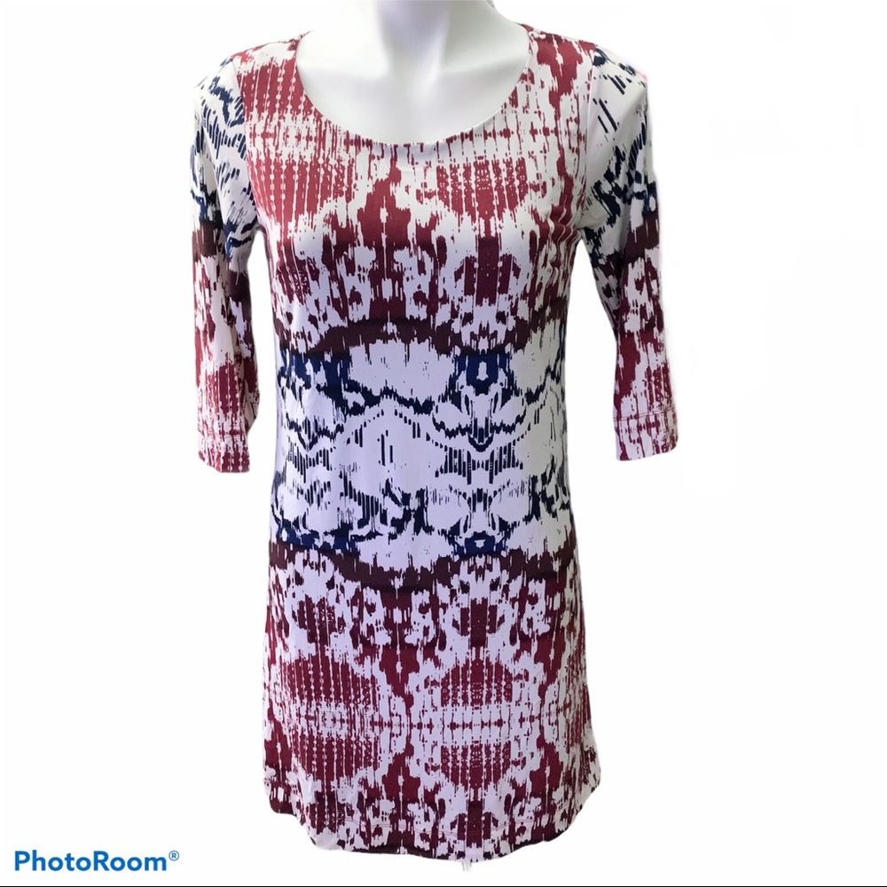 Halo Maroon Navy White Print Long Sleeve Dress - Size XS
